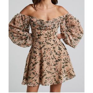 JESSELL MINI DRESS - LONG SLEEVE COWL CORSET DRESS IN BEIGE FLORAL